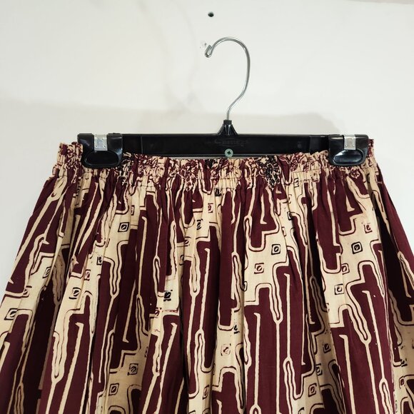 Vintage Batik A-Line Maxi Skirt Long Brown Cream Elastic Waist - Picture 4 of 9